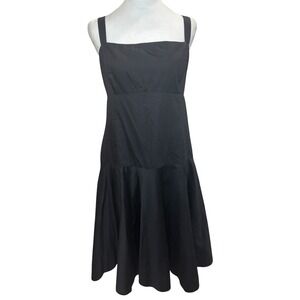 Lauren Ralph Lauren Black Cotton Fit Flare Midi Dress 16 Square Neck Tiered